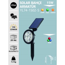 15W LED SOLAR BAHÇE ARMATÜRÜ  BEYAZ GÜNIŞIĞI YEŞİL AMBER RGB